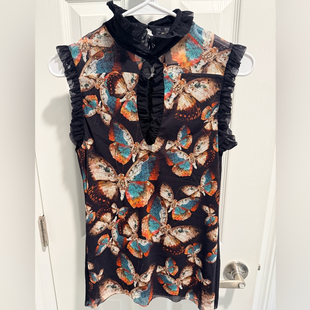 Fuzzi Butterfly Print Ruffle Blouse